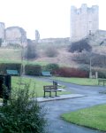Conisbrough Castle: Misty view, from the park